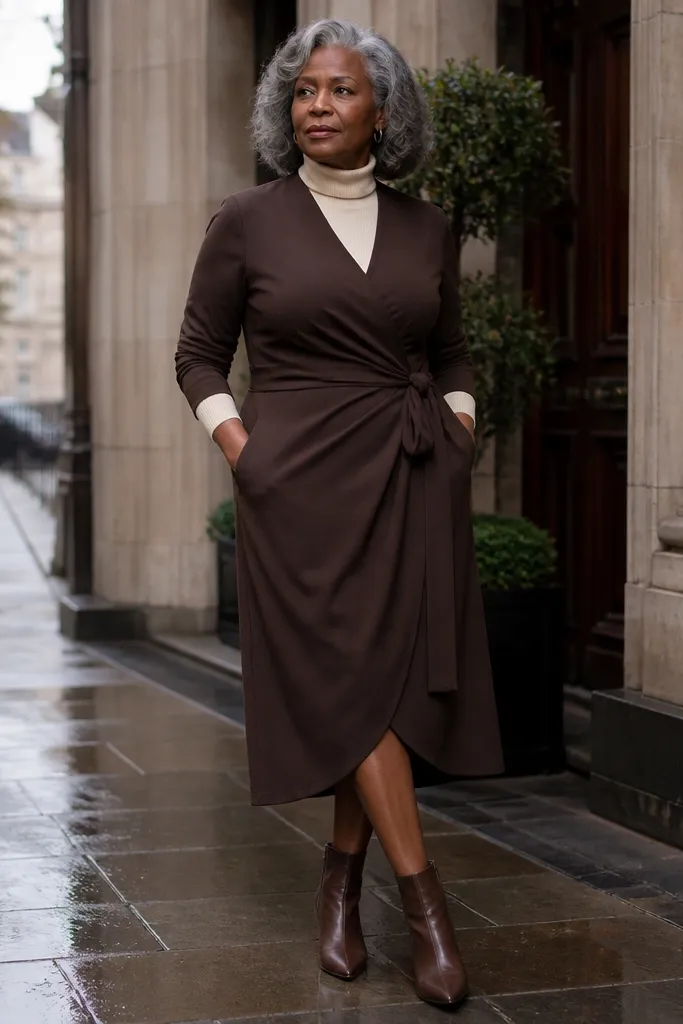 Chocolate wrap dress over a cream turtleneck with brown ankle boots