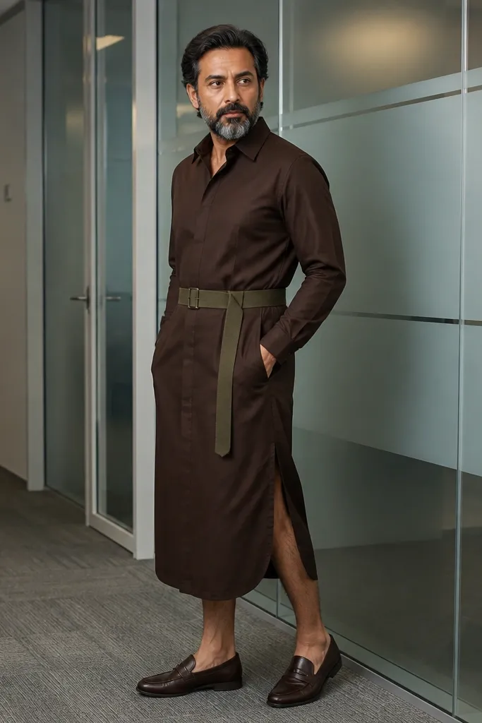 Chocolate shirt dress cinched with an olive belt and espresso loafers