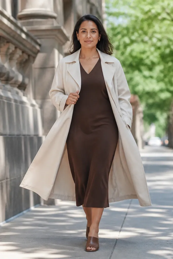 Chocolate crepe dress with cream trench coat and brown heeled mules