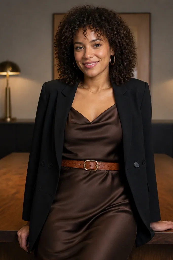 Chocolate slip dress under a black blazer with a brown leather belt