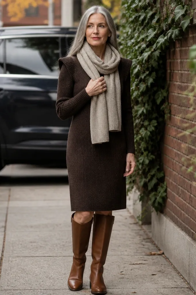 Chocolate sweater dress with oat scarf and cognac riding boots