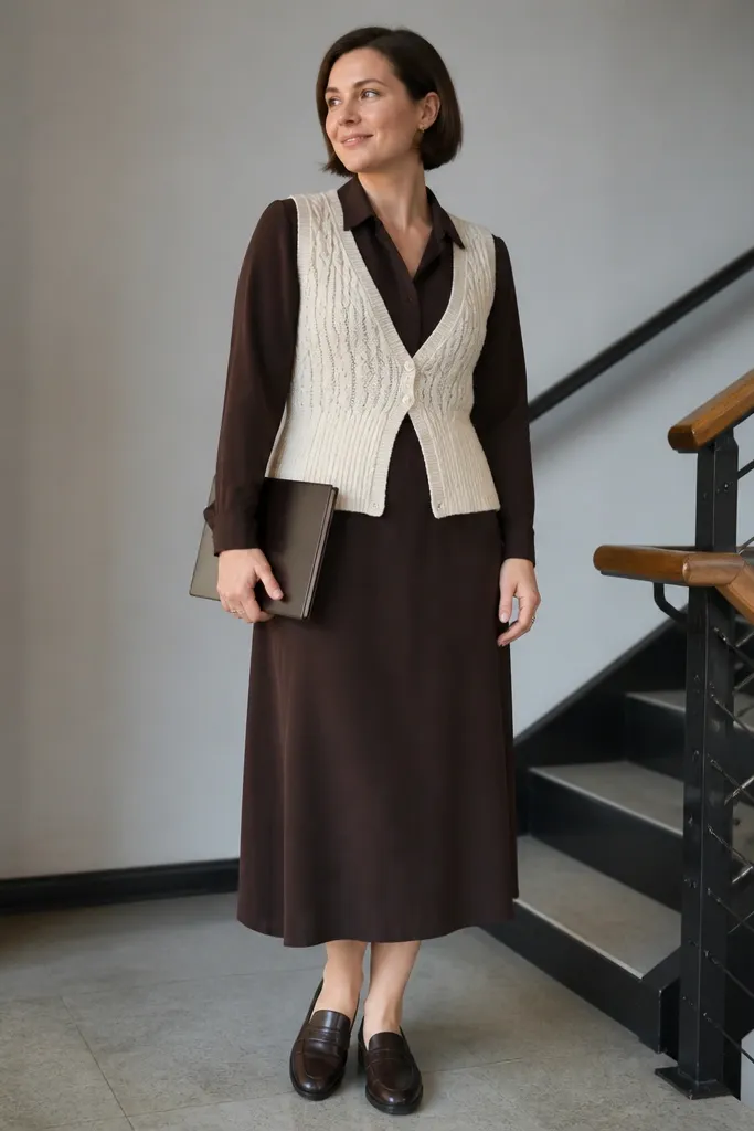 Chocolate A-line midi with a cream cable-knit vest and brown loafers