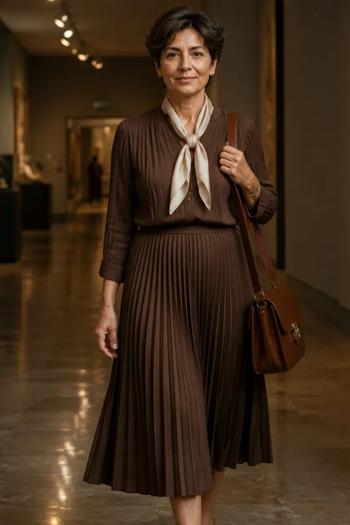 Chocolate pleated midi dress with a cream silk scarf and brown leather satchel