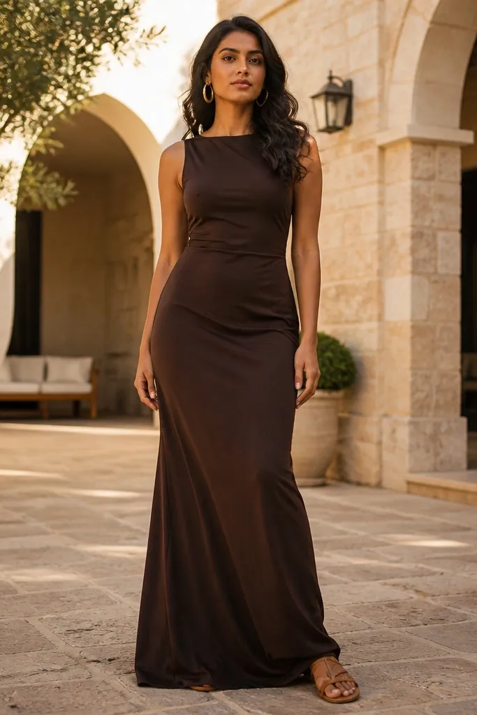 Chocolate column dress with gold hoops and tan sandals