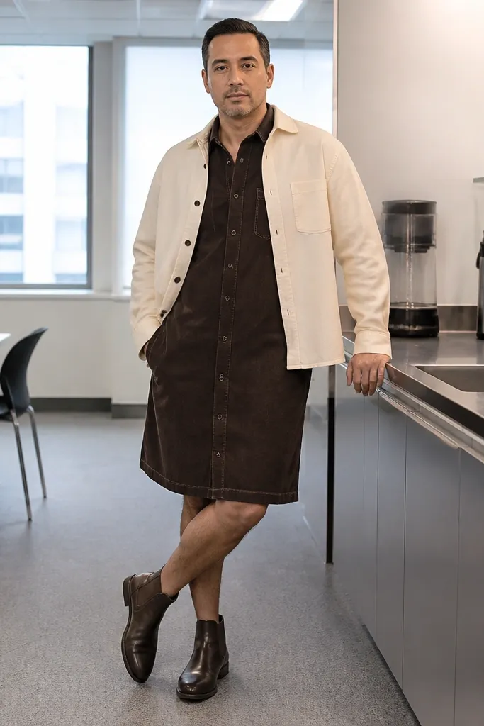 Chocolate denim dress layered with a cream oversized button-up and brown Chelsea boots