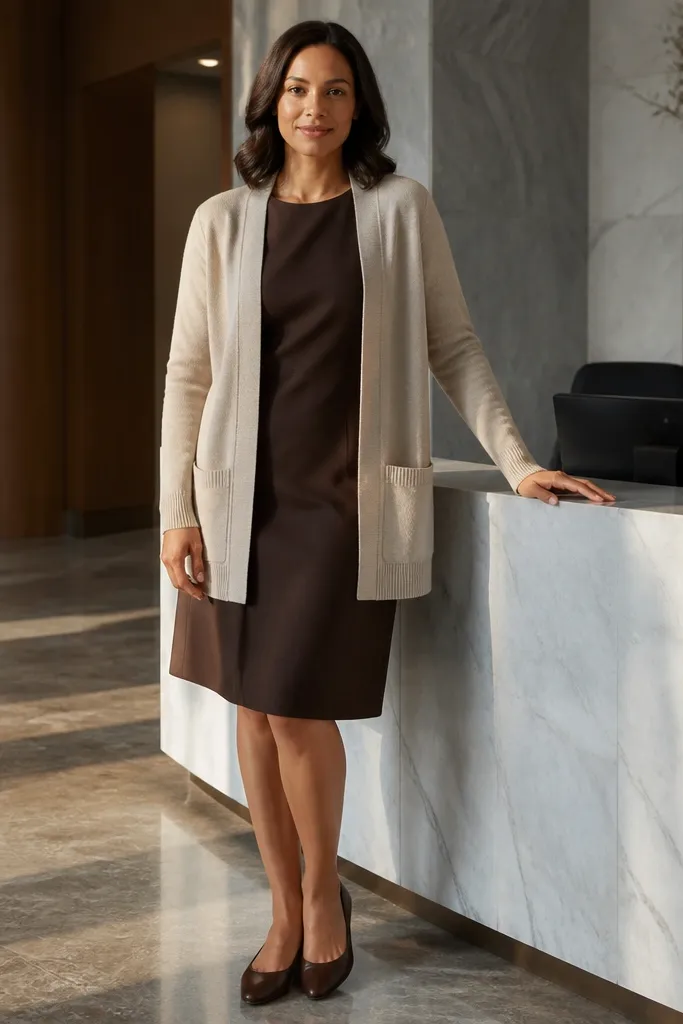 Chocolate shift dress with oat cardigan and brown ballet flats
