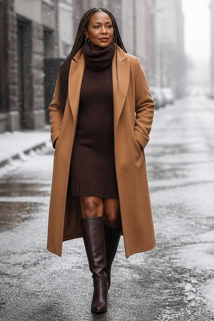Chocolate sweater dress with a camel long coat and dark brown knee-high boots