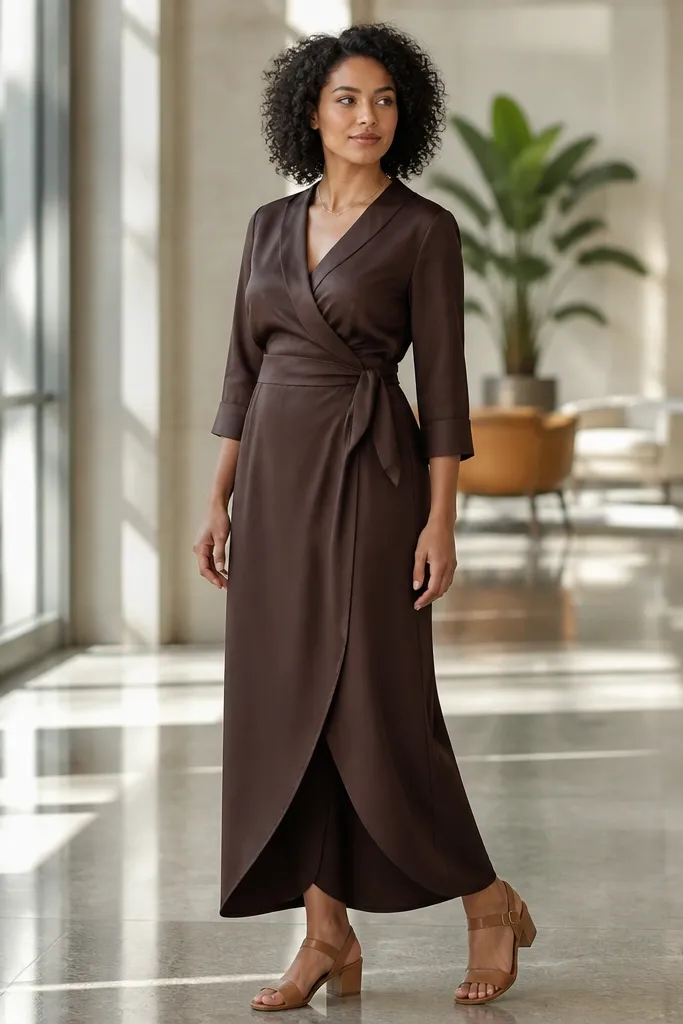 Chocolate wrap skirt outfit with a matching chocolate dress overlap and tan sandals