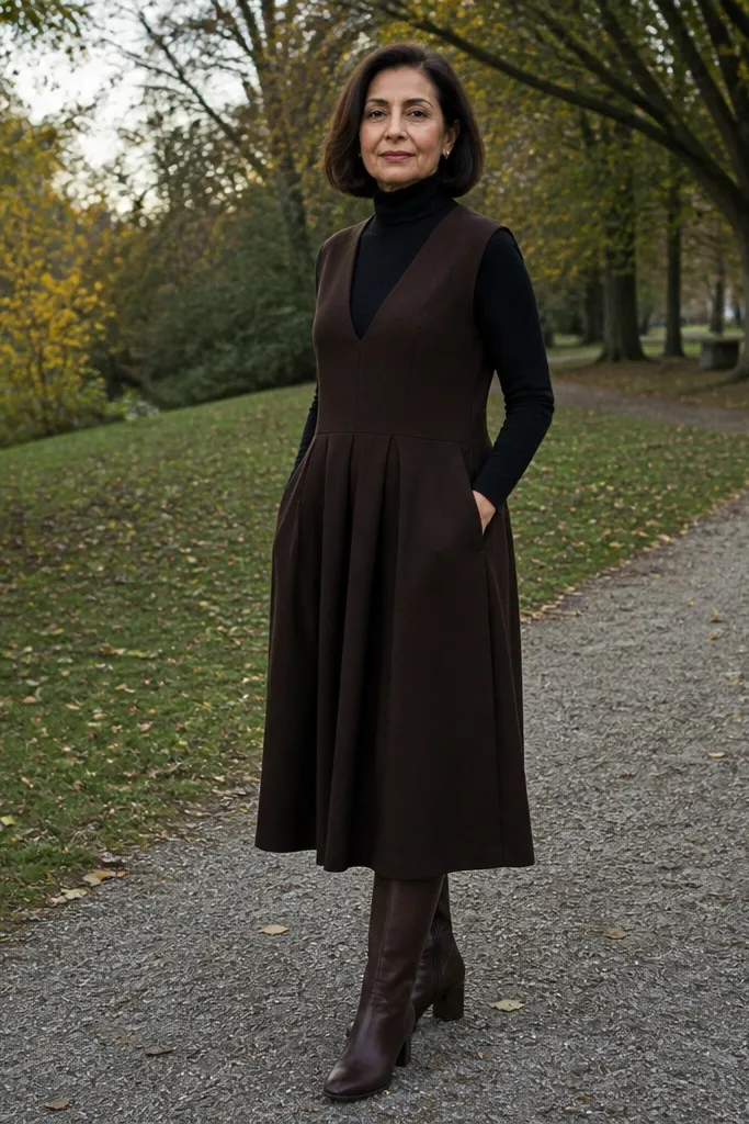 Chocolate midi dress over a black turtleneck with brown knee boots