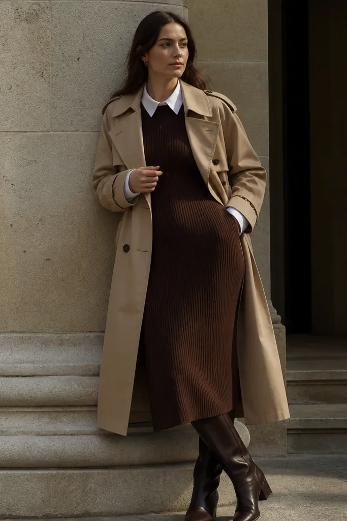Ribbed chocolate midi layered over a white shirt with a tan trench and boots.