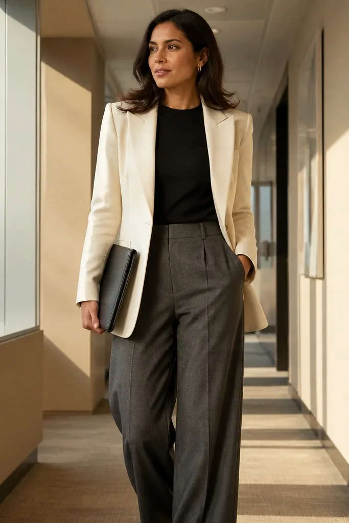 Cream blazer with charcoal wide-leg trousers and a black fitted knit top