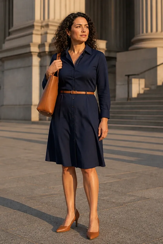 Navy belted shirt dress with tan pumps and small gold hoop earrings