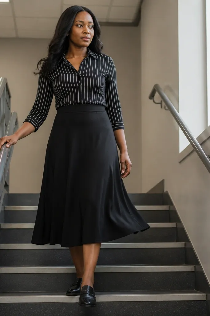 Black midi skirt with a fitted striped blouse and black loafers