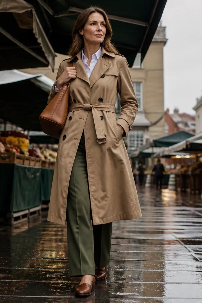 Camel trench coat over olive trousers with a white button-down top