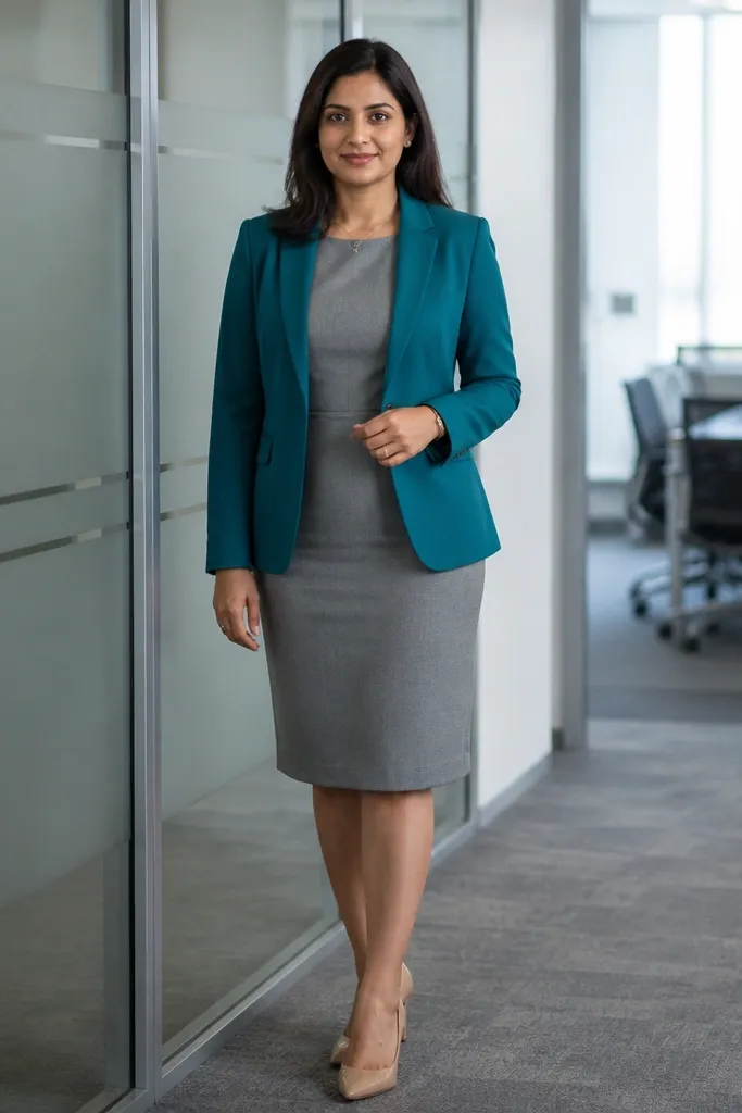 Teal blazer over a grey sheath dress with nude heels