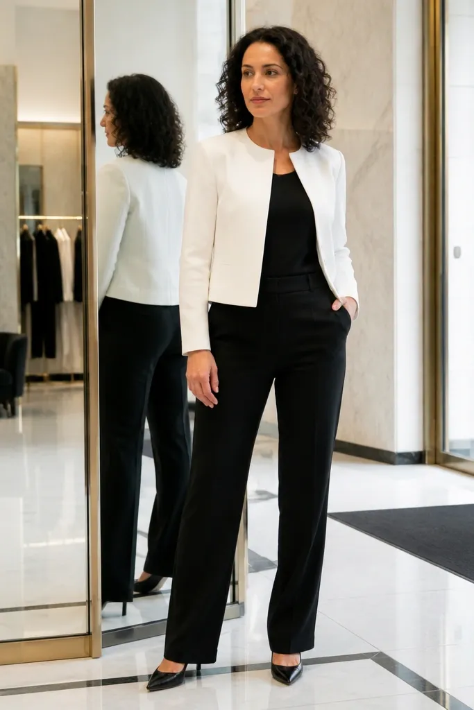 White cropped blazer with black straight-leg pants and a black top