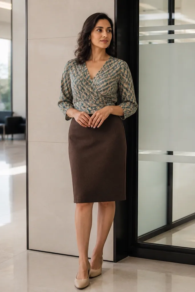 Patterned wrap blouse with a solid pencil skirt and nude flats