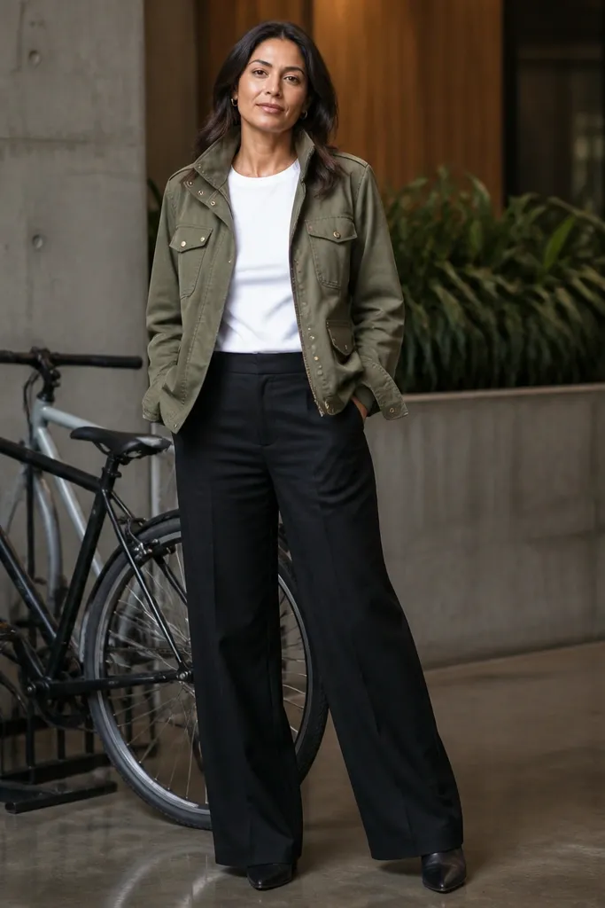 Olive utility jacket over a white tee with black wide-leg trousers