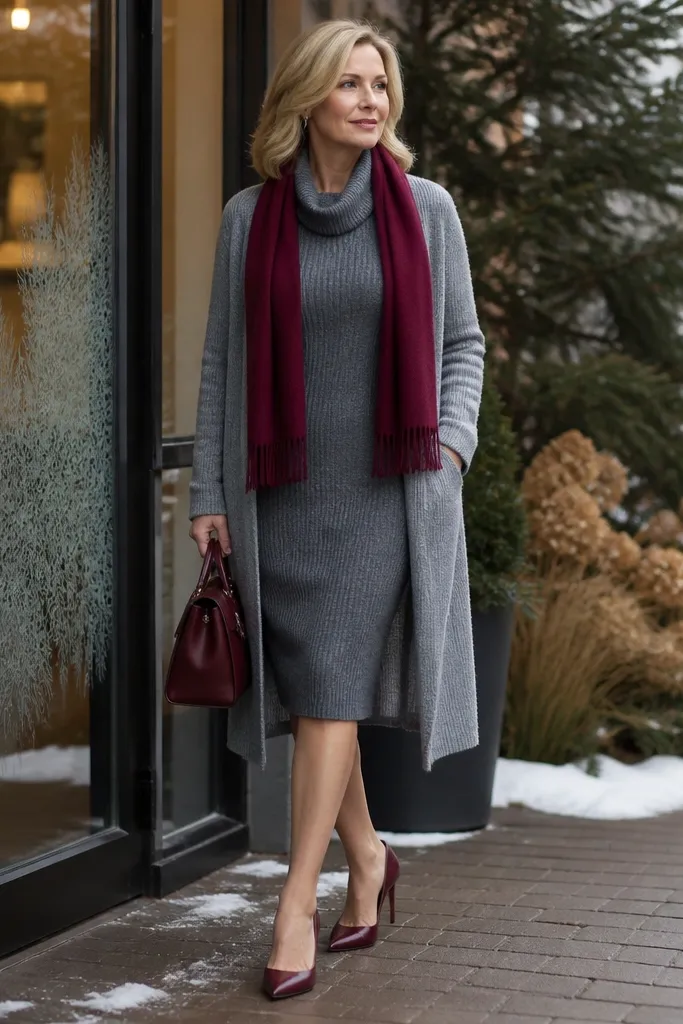 Grey knit pencil dress with a long coatigan and burgundy heels