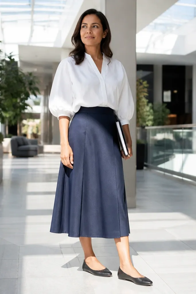 White puff-sleeve blouse with a navy midi skirt and ballet flats