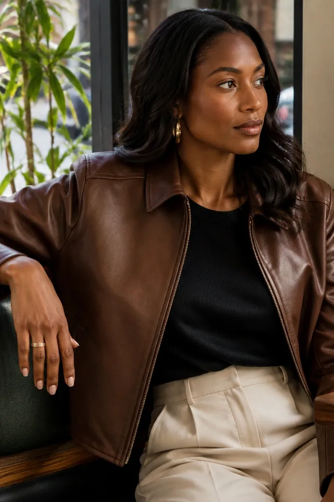 Brown leather-look jacket with cream trousers and a black top