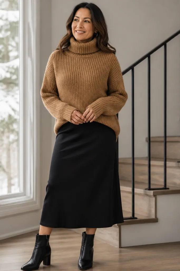 Camel turtleneck sweater with a black midi skirt and black boots