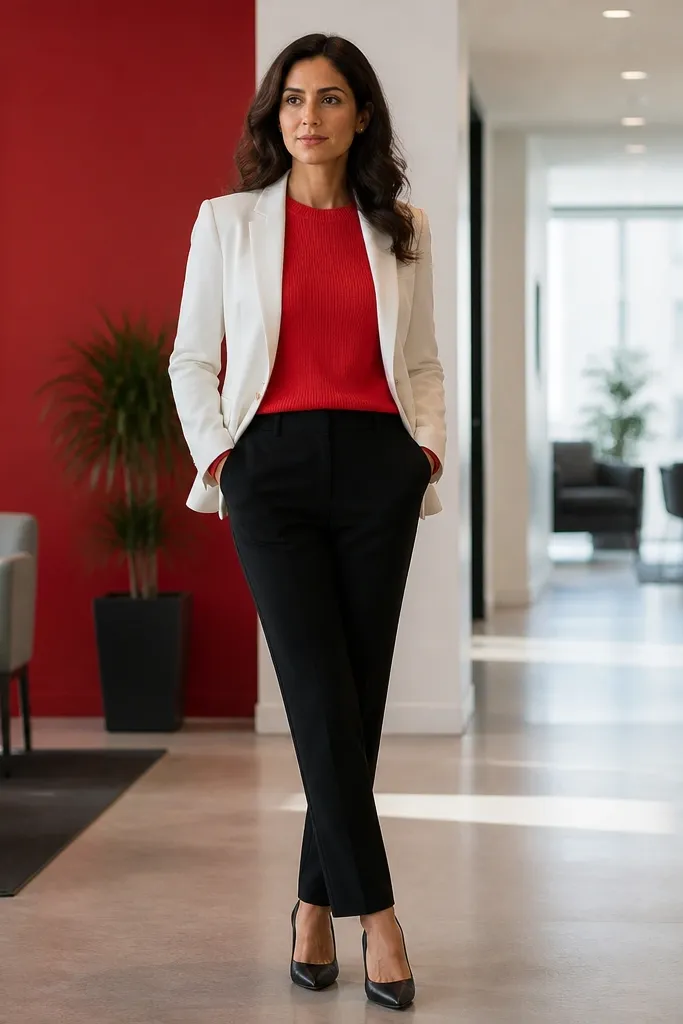 White blazer over black trousers with a red knit top