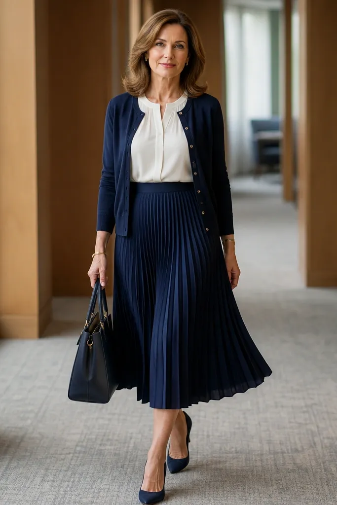 Navy cardigan over a cream blouse with a pleated midi skirt