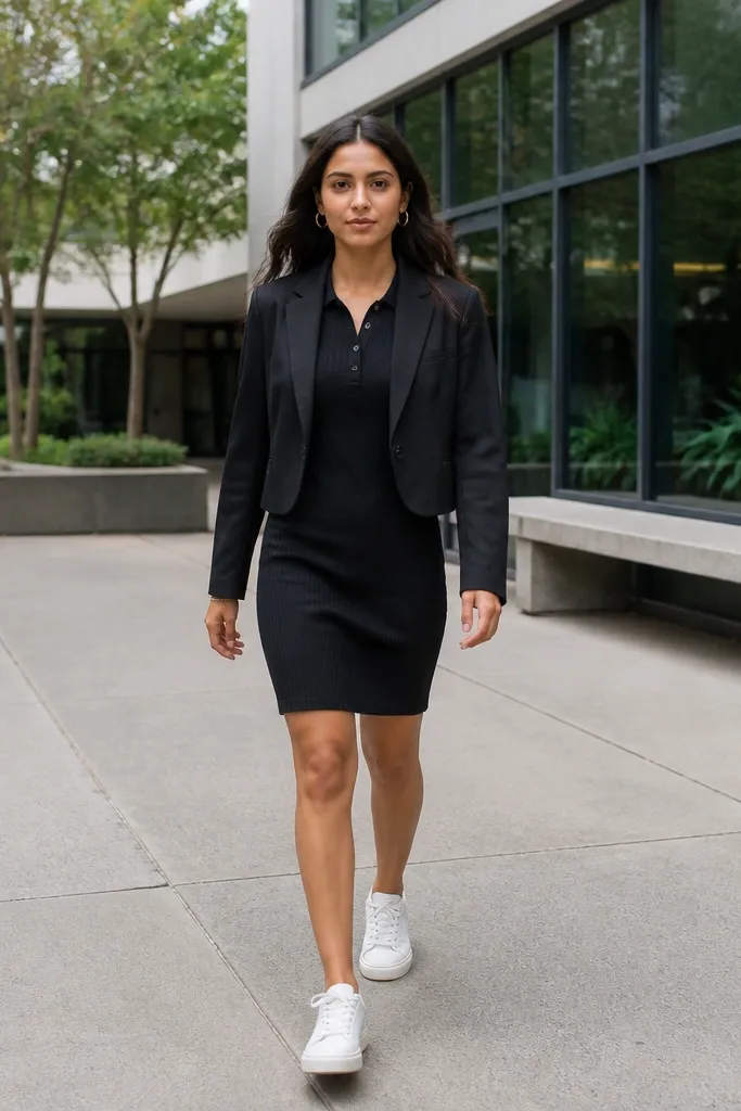 Black knit polo dress with a cropped blazer and clean white sneakers