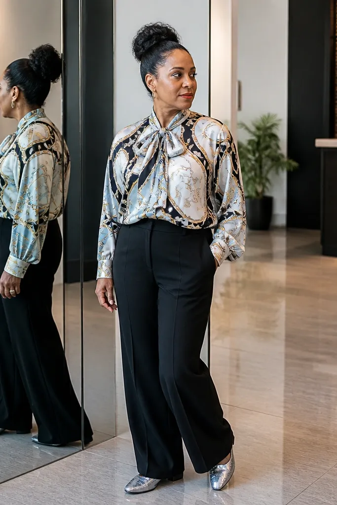 Printed scarf-tie blouse with black wide-leg trousers and silver flats