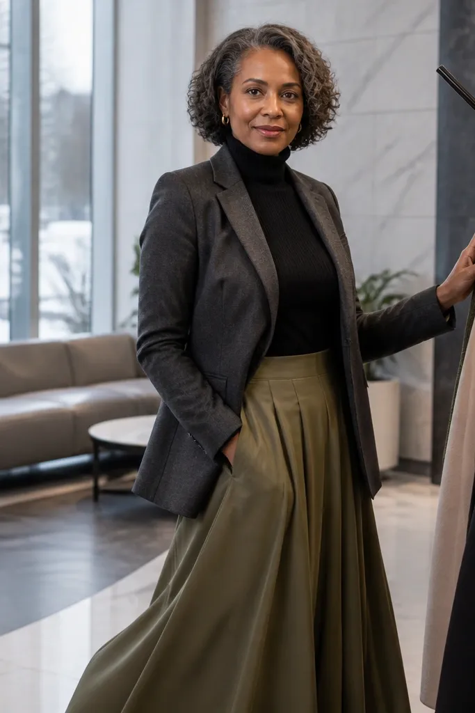 Charcoal blazer over a black turtleneck with an olive midi skirt