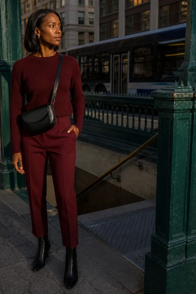 Monochrome burgundy top and trousers with a black belt bag and ankle boots