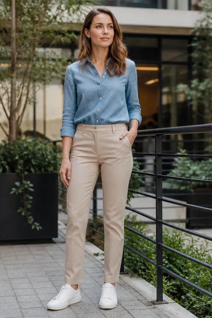 Blue chambray button-down with beige chinos and white sneakers