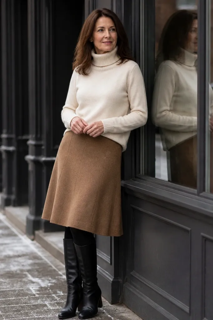 Ivory turtleneck with camel skirt, black tights, and knee boots