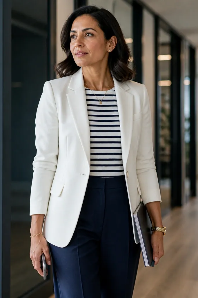 White blazer over a striped tee with navy trousers