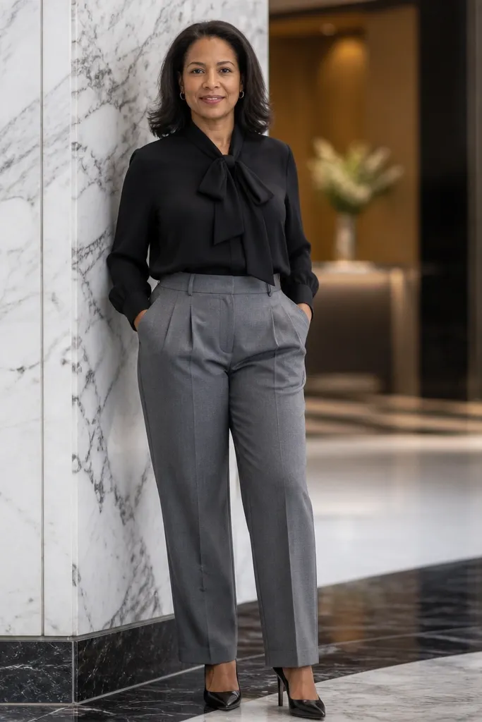 Black bow neck blouse with grey pleated trousers and black heels