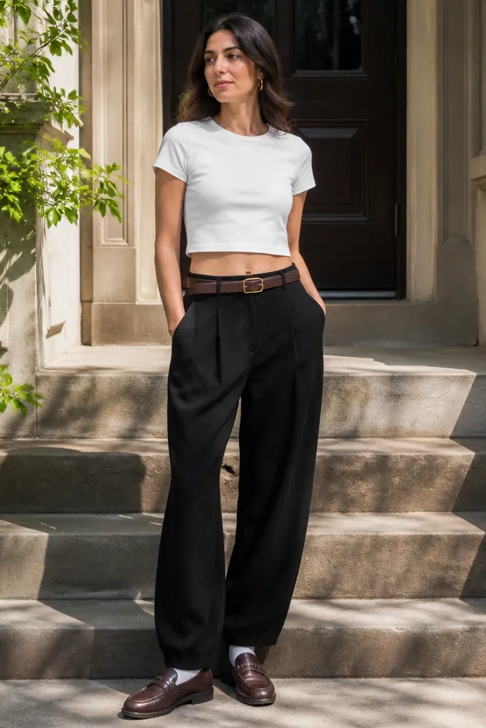 Black baggy trousers with a cropped white tee, black belt, and brown loafers