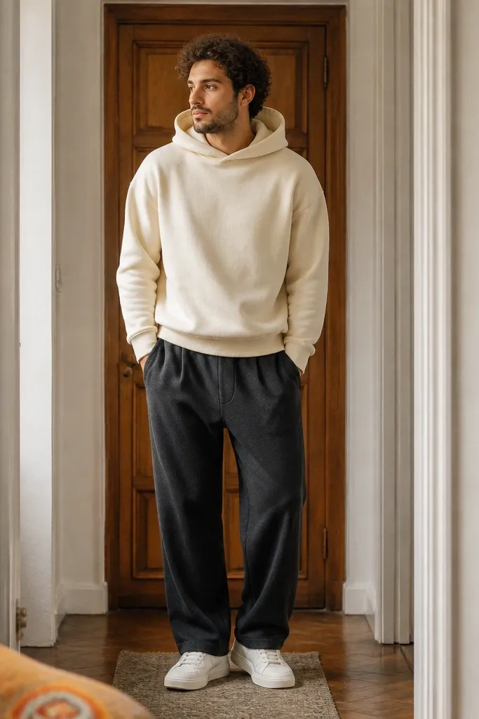Cream hoodie with wide charcoal sweatpants and white sneakers