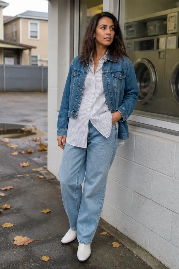 Denim jacket over a striped shirt with light-wash baggy jeans and white boots