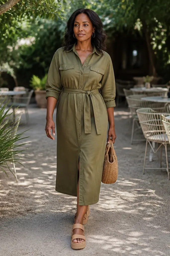 Olive utility shirt dress tied at the waist with chunky sandals