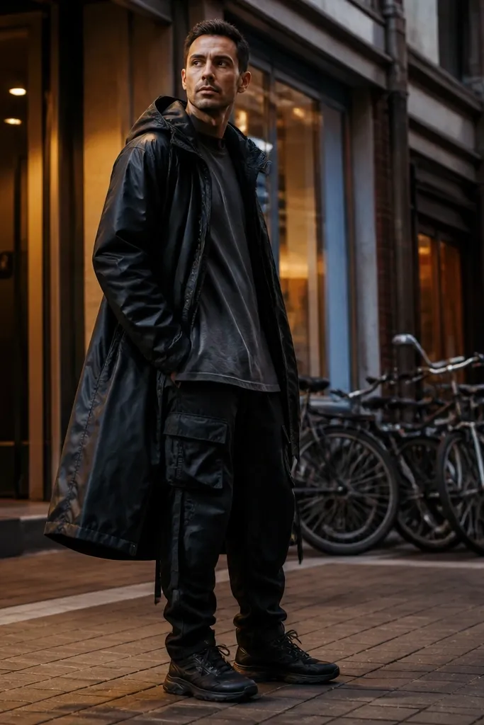 Black windbreaker over a long baggy tee with dark cargo pants and black sneakers