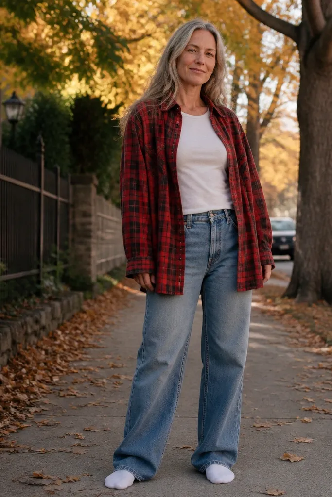 Oversized red flannel over a fitted tee with straight baggy jeans and white socks