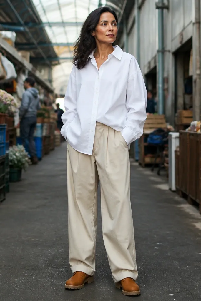 Oversized white button-down with baggy beige trousers and tan leather boots