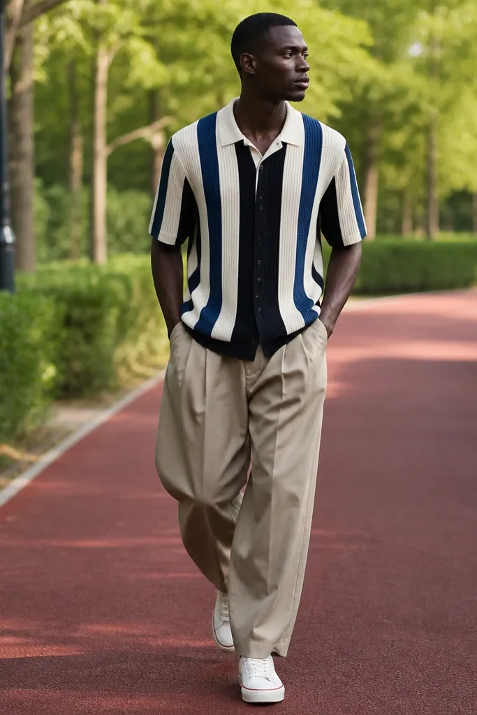 Striped knit polo over baggy pleated trousers with low-top sneakers