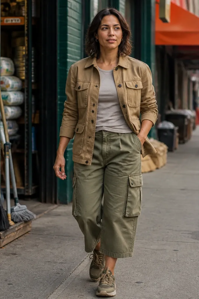 Khaki work jacket over fitted tee with cropped baggy cargo pants and dark boots
