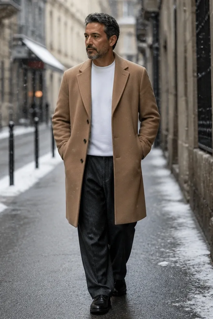 Camel long coat over white tee with charcoal baggy trousers and black loafers