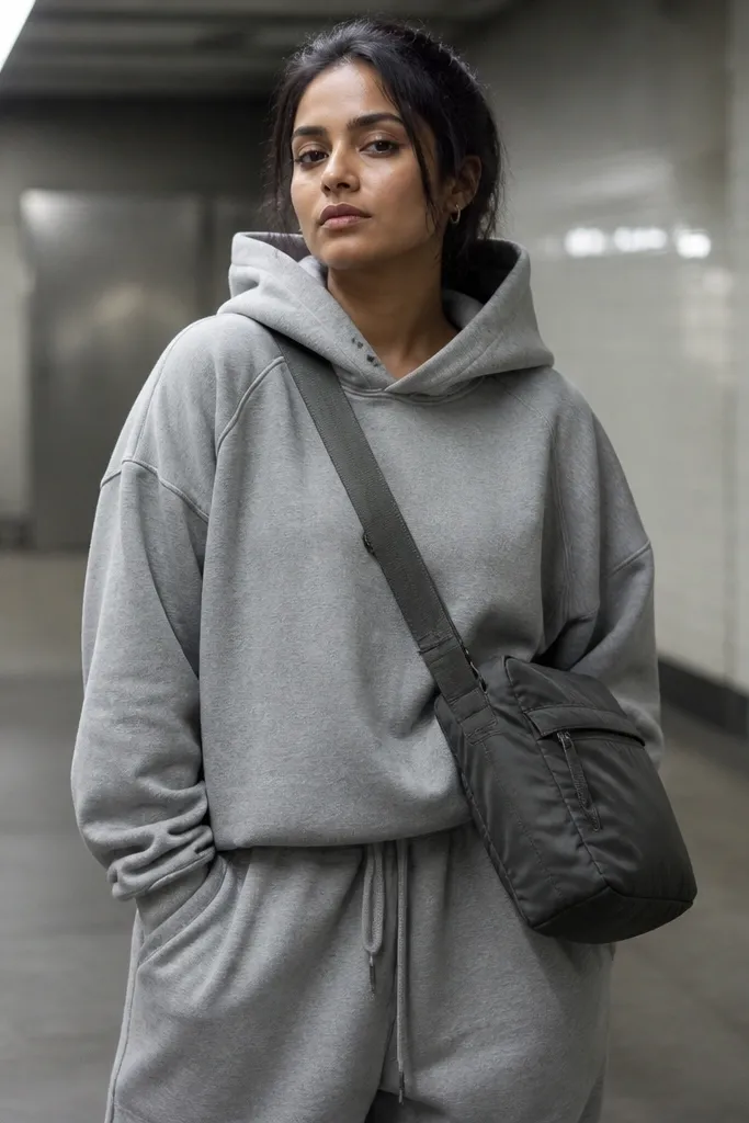 Gray oversized hoodie with matching sweatpants and a black nylon crossbody bag