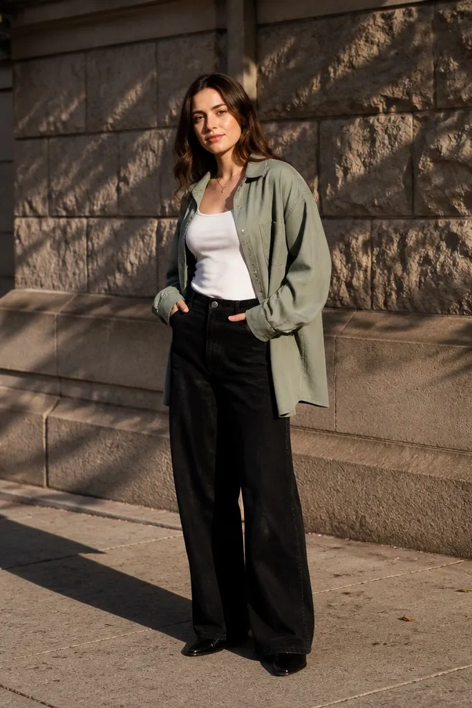 White tank with oversized sage overshirt and wide black jeans