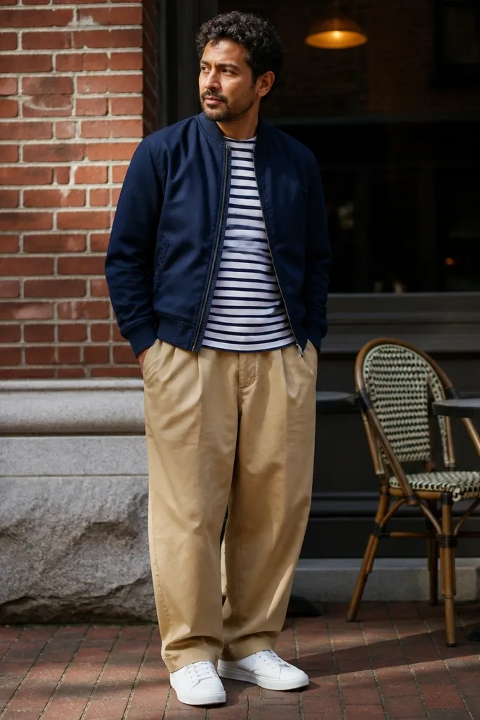 Navy bomber over striped tee with baggy tan chinos and white sneakers