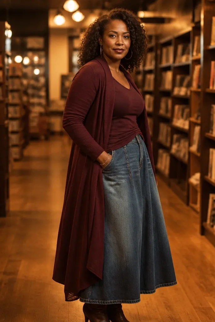 Burgundy long cardigan over fitted tee with a baggy denim skirt and ankle boots